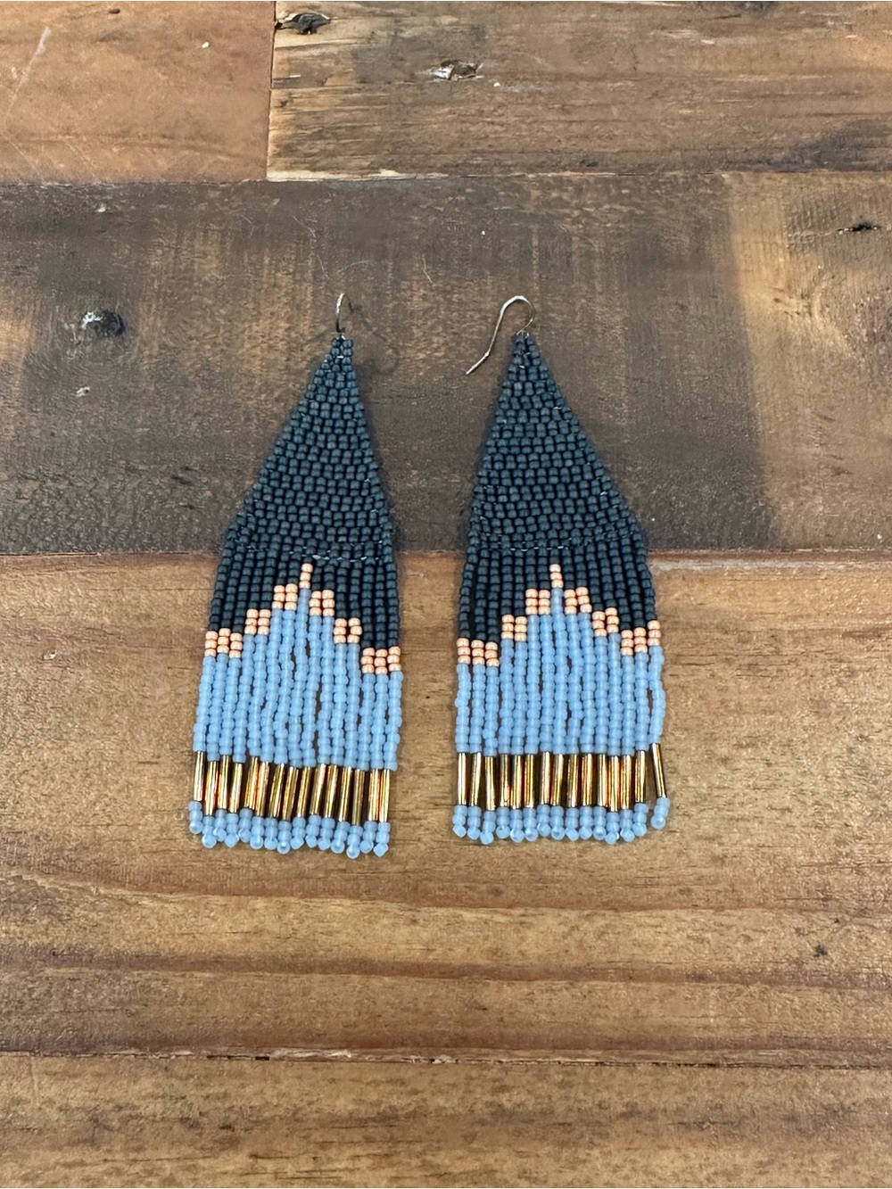 Handcrafted Beaded Fringe Earrings in Navy, Light Blue and Gold
